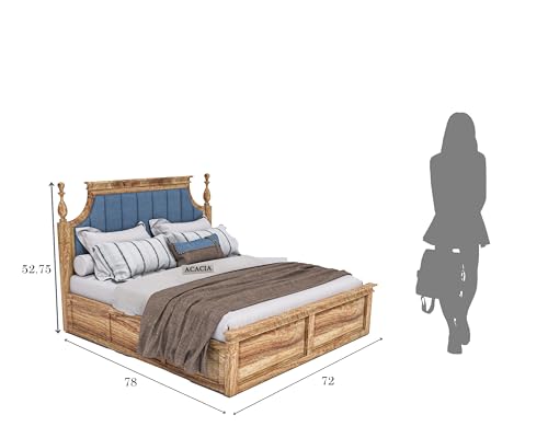 Image of Craft Wooden King Size Bed with Storage | Double Bed Cot Bed with Box Storage & Blue Colour Upholstered Cushioned Headboard for Bedroom | Solid Wood Sheesham, Teak Finish