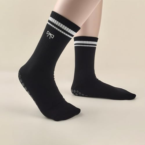 Image of Non-Slip Pilates Yoga Socks for Women Cotton Crew Striped Bow Embroidery for Barre Ballet Dance Workout