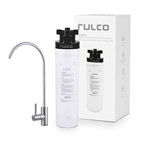 Rulco Untertisch-Wasserfilter mit Direktanschluss an den Küchenhahn. 4-stufige Ultrafiltration Wasserfiltersystem für Trinkwasser. Tankloser Wasserfilter mit schnellem Durchfluss. EcoDrop Cover