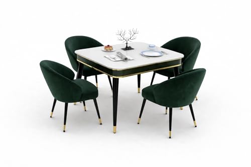 Image of WOODEN SPACE 4 Seater Wooden Dining Table Set | Urban Marble Top Dining Table with Chairs for Dining Room & Kitchen (Modern Classic Dark Green) (42 x 42 x 30 inch)