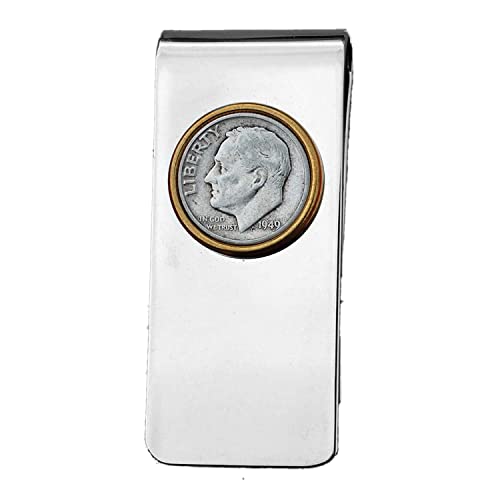 US 1949 Roosevelt Dime 90% Silver Coin Solid Brass Gold Silver Two Tone Money Clip New - High Quality
