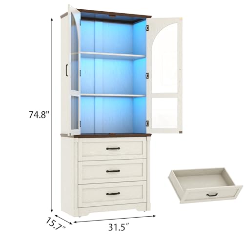 Image of 75 inch Tall Farmhouse Kitchen Pantry Cabinet with LED Lights,Wood Storage Cabinet w Arched Glass Doors /Drawers,Pantry Organizers and Storage,Rustic Wood Cupboard for Kitchen,Dining Room(White)
