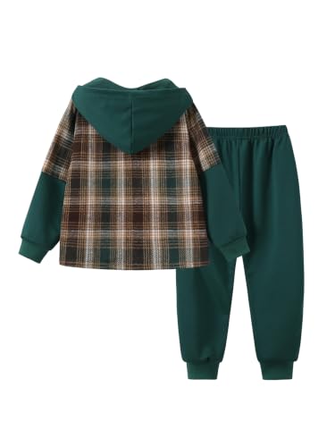 Image of 2Pcs Kids Boys Flannel Plaid Shirt Tops Pants Set Hoodie Sweatsuit for Fall Winter Spring Outfits 4-12 Years