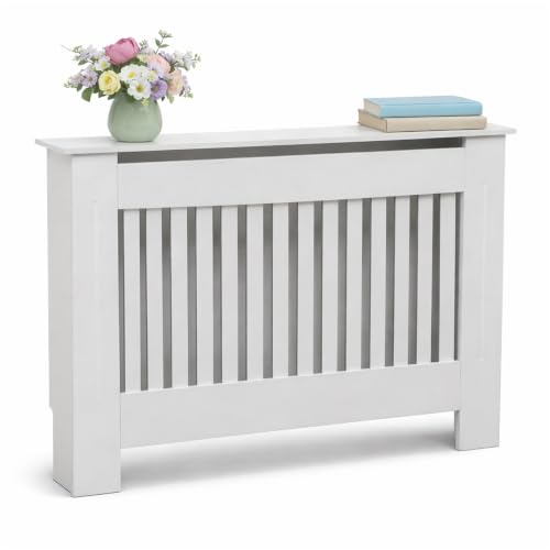 Oypla Medium White Wooden Slatted Grill Radiator Cover MDF Cabinet