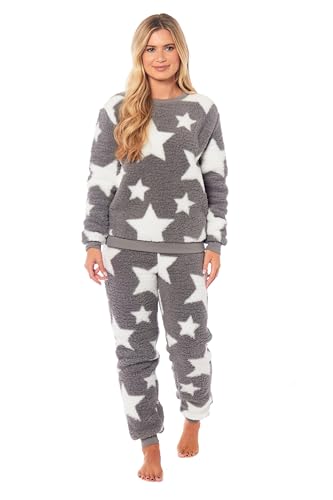 kraftd Womens Pyjamas Set Warm Fleece Winter Cosy Soft 2 Piece Pjs Sets Nightwear Loungewear Long Sleeve Top and Bottoms Pjs Sleepwear (Dove Grey, L)