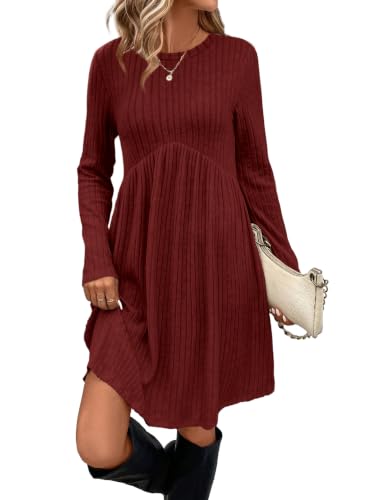 Image of OFEEFAN Long Sleeve Dress for Women Crew Neck Empire Waist Tunic Dress with Pockets
