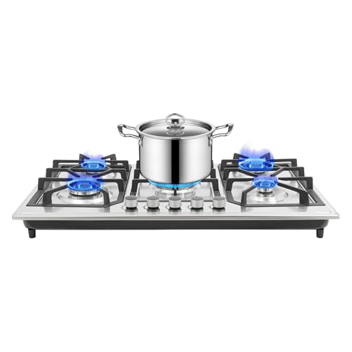 Cocina de gas con 5 fuegos, 86 x 51 x 12 cm, cocina de gas con protección automática de llama, cocina de gas para casa y autocaravana, de acero inoxidable GLP (20Y)/hornillo de gas natural