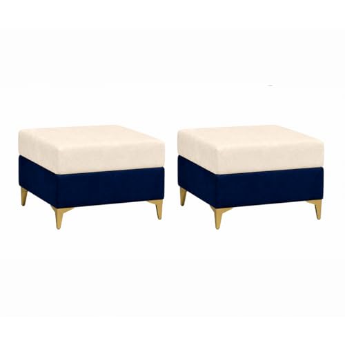 Image of FURNY Nova 5 Seater L Shape Sofa Set with 2 Movable Ottoman | Flexible Left or Right Layout | Plush Velvet Fabric (Dark Blue-Cream) | Perfect for Living Room, Guest Room & Office
