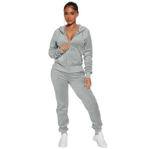 yidengymx Womens 2 Piece Velour Tracksuit Two Piece Soft Velvet Hooded Outfits for Women Small Hoodie/Jogger Pants-grey