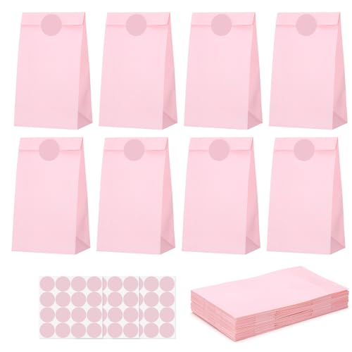 woric 36PCS Pink Paper Bags with Stickers Small Pink Party Favor Bags for Girls Birthday Self Stand Goodie Gift Bag for Kids Baby Shower Wedding Party Decor