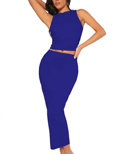 Image of Bdwinz Women's Casual 2 Piece Dress Round Neck Tank Top Bodycon Midi Skirt Dress Set