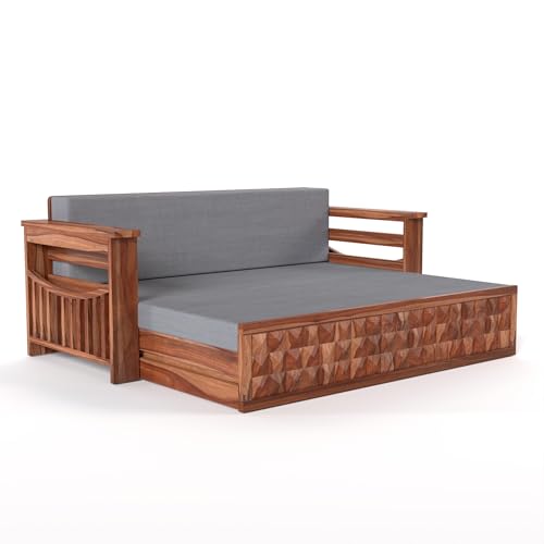 Image of Mamta Furniture Solid Sheesham Wood Sofa Set 3 Seater Furniture Wooden 3 Seater Sofa Cums Bed for Home Living Room with Cushions (Honey with Grey, 3 Seater Design 1)