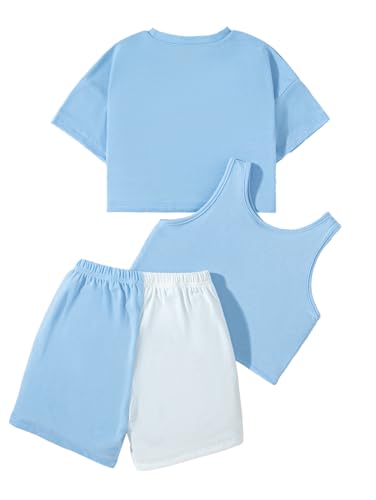 Image of Girl's 3 Pieces Summer Outfits Letter Print Crop Tee Top and Vest Top with Shorts Set