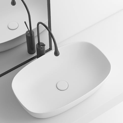 Lavabo de baño de cerámica, fácil instalación, ovalado, decorativo, para apartamentos pequeños, balcones (blanco, 60 x 39 x 14,5 cm)