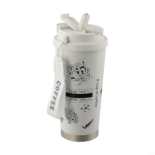 Travel Companion - Taza de acero inoxidable aislada de 18 onzas con innovadora tecnología a prueba de fugas y práctica correa de transporte (beige)