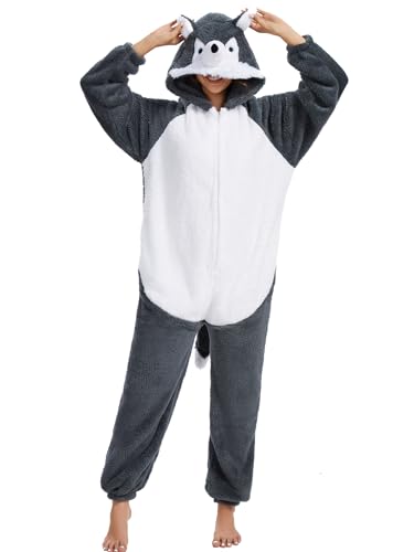 LATH.PIN Pyjama une pièce pour femme - Costume d'animal - Unisexe - Confortable - Pour cosplay, carnaval, Noël, Halloween, Loup., M