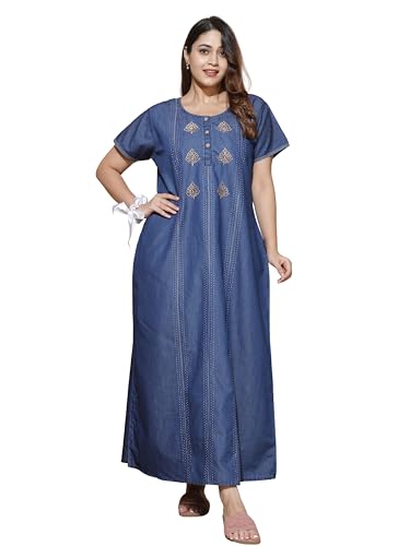 Image of 9shines Label Stylish Denim Cotton Nighty Maxi for Women | Full Length Trendy Nightgown | Premium Nightdress | Nightwear | Embroidery Nighty with Pocket (9SDS)