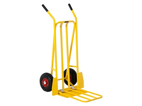 Heavy Duty Folding Sack Truck Yellow Steel Delivery Trolley with Fixed & Folding Extended Base Plate & Pneumatic Tyres for Office Warehouse Retail