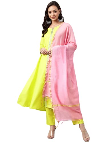 Image of ANNI DESIGNER Women's Cotton Blend Embroidered Anarkali Kurta with Palazzo & Dupatta (Darwaja)