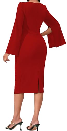 Image of Dresses for Women Elegant Long Sleeves Ruffles Pencil Knee Length Split Business Dress with Belt Zipper