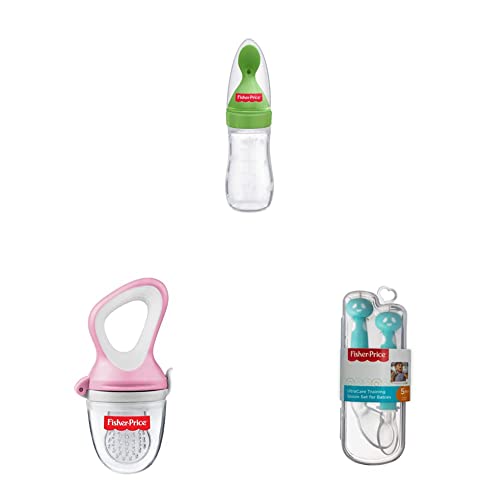 Image of Fisher-Price Squeezy Silicone Food Feeder, Green, 125ml & Fisher-Price Ultra Care Food Nibbler with Extra Mesh (Pink) & Fisher-Price Ultra Care Training Spoon Set for Babies (Pack of 2, Blue)