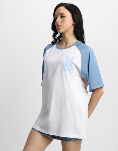 Image of JUNEBERRY 100% Pure Cotton Oversized Baggy Fit Drop Shoulder Round Neck Graphic Printed Raglan Sleeve T-Shirt for Women (Sizes: S to 2XL)
