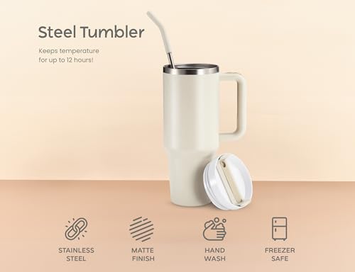 Image of KooK Tumbler with Straw and Handle, 40 Oz, Stainless Steel, Vacuum Insulated Travel Coffee Mug, Reusable Double Walled Water Bottle, Keeps Hot or Cold (Antique White)