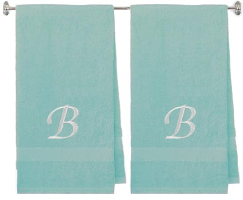 BY LORA Embroidered Terry Cotton Bath Towel for Bath, Shower - Personalized Gift - Nautical Teal Color Towel - Silver Script Initial B