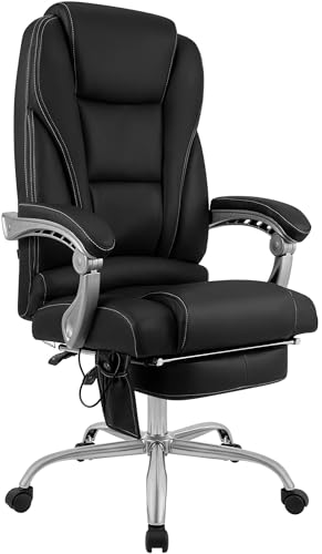 CLP Bürostuhl ergonomisch Pacific mit Echtleder-Akzenten und Massagefunktion, höhenverstellbarer Drehstuhl mit Armlehnen, 150kg belastbar, Farbe:schwarz