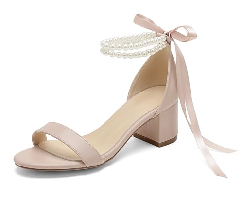 Women's Block Heels Pearl Wedding Shoes for Bride, Open Toe Chunky Low Heel Bridal Shoes