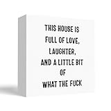 FISWAFY Funny Desk Signs, This home is Filled with Love Laughter Wooden Box Sign, Funny Gifts for Women Men Adults, Funny Quote Wood Block Sign for Home Office Desk Shelf Table Decor, 5x5 Inch