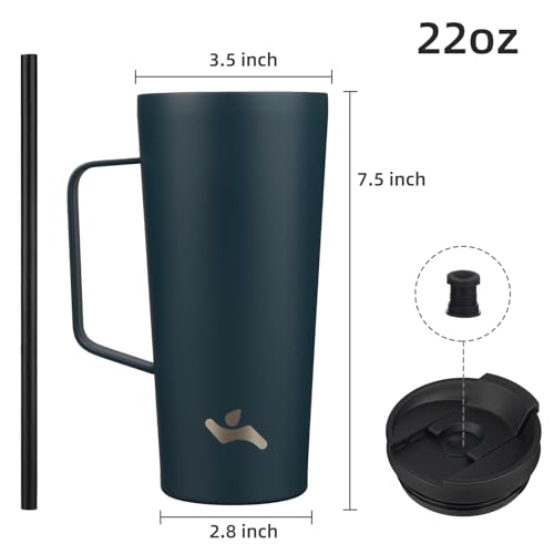 Image of Konokyo 22 oz Insulated Tumbler with Handle & Straw, Stainless Steel Mug