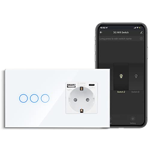CNBINGO Interruttore della luce Smart Touch con presa USB Schuko, con connettore USB e tipo C (max. 3,1 A), interruttore della luce WLAN per Alexa, Google Assistant, presa da parete a incasso, bianco
