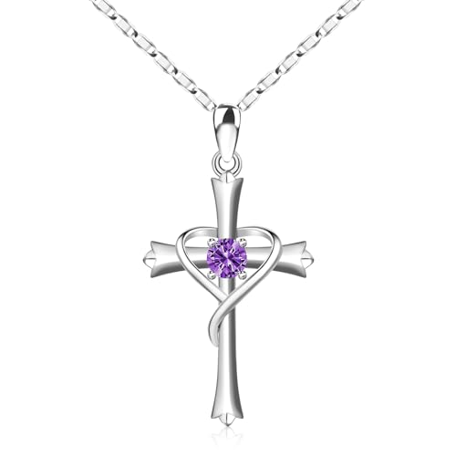 BDDCYWY jewelry HOH-Tech Cross for Women Sterling Silver Cross Birthstone Cross Jewelry Cross Pendant for Mothers Wife Daughter-Feb-Amethyst, 18"+2", Sterling Silver, Cubic Zirconia Jewelry for girls