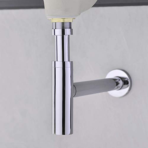 All Brass Round Bottle P Trap, 1 1/4 Bathroom Basin Sink Waste Trap Drain Tube Kit Extra Long Slip Joint Extension Tube Tailpiece for Sink Drain, Adjustable Height, Polished Chrome