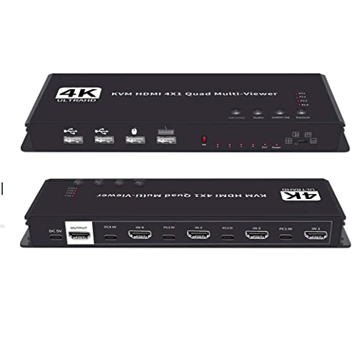 Image of Etzin 4 Ports Quad KVM HDMI-Compatible Multiviewer 4K 4 in 1 Out 1080P Quad Screen Multi Viewer HDMI Multi-Viewer Seamless Switch 5 Viewing Modes，Shares 4 USB Devices on 4 Computers-EPL-990H..