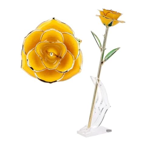 ZJchao 24K Yellow Rose for Her, Dipped Gold Rose Love Real Golden Plated Preserved Eternal Flower with Rose Stand Present for Wife/Girlfriend/Friend(Yellow) Cover