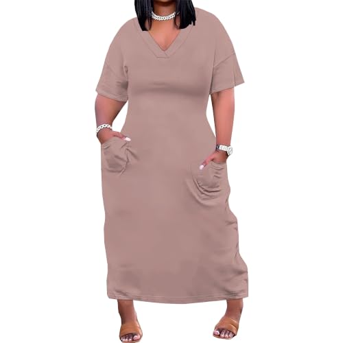 Image of Plus Size Maxi Dress for Women Short Sleeve V Neck Casual Loose Sundress with Pockets