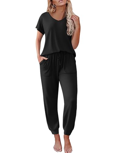 Ekouaer Pajama Sets for Women 2 Piece Lounge Sets Short Sleeve Pullover Top and Jogger Pants Pjs Sleepwear Tracksuit S-XXL