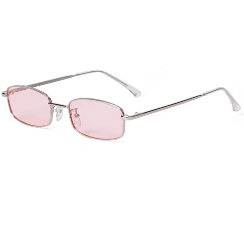 Laurinny Retro Narrow Rectangle Sunglasses for Women Men Vintage 90s Small Metal Frame Square Glasses(Silver/Pink)