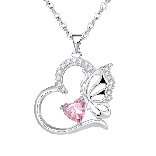 Tusuzik Collier Femme Argent Sterling 925 Collier Coeur Papillon Octobre Pierre de Naissance Pendentif Femme Bijoux Idee Cadeau Anniversaire Fete des Meres...
