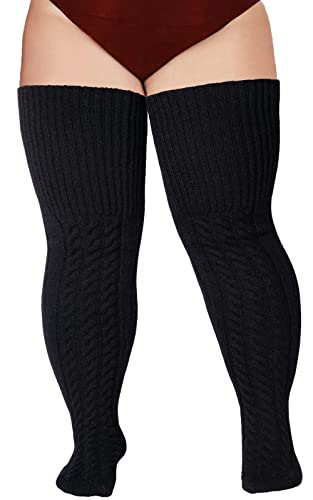 Wool Plus Size Thigh High Socks For Thick Thighs- Extra Long Womens Warm Cable Knit Over Knee Stockings Leg Warmers