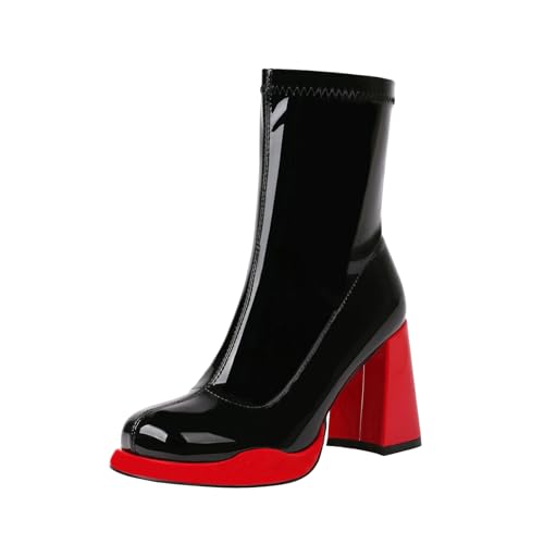 Mofirdast Women's Mid Calf Gogo Boots Patent Leather Square Toe Platform Color Block Chunky Heel Side Zippers for Party Cosplay Dance Red Size 9