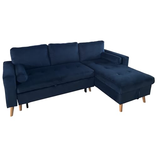 Happy Garden Canapé d'angle Convertible James 3 Places en Velours Bleu. Canapé au Style scandinave avec méridienne réversible et Coffre de Rangement.