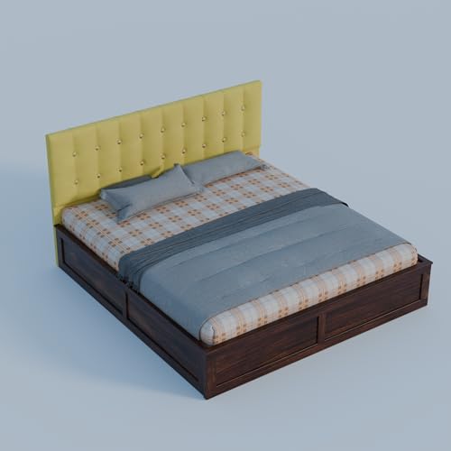 Image of Sheesham Wood Queen Size Bed with Storage Box | Upholstered Beds | Platform Cot with Cushioned Headboard | Double Bed for Home | Recommended Mattress 78x60 Inch | Mustard & Walnut Finish