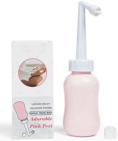 Adorable Pink Peri Bottle – Portable Bidet Upside Down There Softer Care Squeeze | Menstrual Cup Buddy + Waterproof Travel Bag | NO More Wasting Toilet Paper Messy Period wash Changing 300 ml (10 oz)