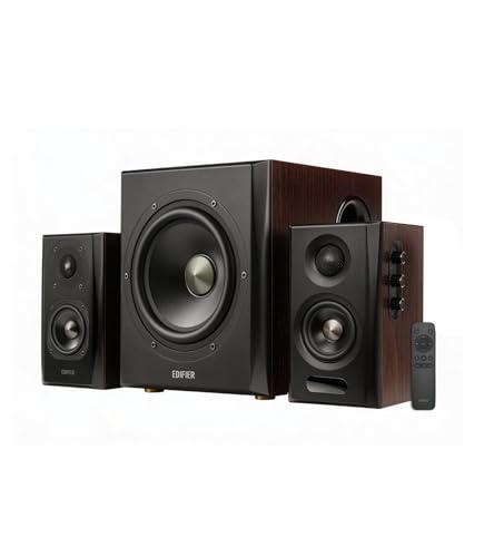 Image of Edifier S355DB 2.1 Powered Bookshelf Speakers with Wireless 8 inch Subwoofer, 150W Tri-Amp Hi-Res Audio, Computer Speaker System, Bluetooth 6.0 with LDAC, HDMI /Optical /Coaxial Inputs for PC, TV (Walnut)
