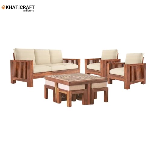 Image of Solid Sheesham Wood Dhara 5 Seater Sofa Set | Wooden 3+1+1 Seating Sofa Set for Living Room, Guest Room, Office, Home Furniture with Cushions (Honey Finish)