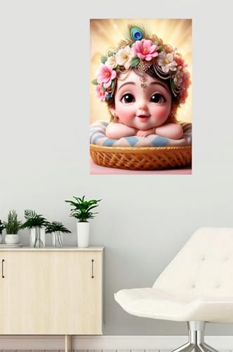 Image of Akki Wold Little Kanha In Basket Wall Poster Living Room, Office, Pooja Room (Size - 46CM X 30CM)