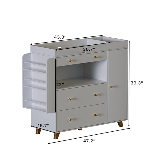Nursery-Dresser-with-Baby-Changing-TableModern-Diaper-Changing-StationDresser-for-Nursery-with-3-Drawers-ShelvesStorage-Crib-with-Changing-TableWhite Nursery Dresser with Baby Changing TableModern Diaper Changing StationDresser for Nursery with 3 Drawers ShelvesStorage Crib with Changing TableWhite